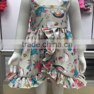 2016 Real Life Pic Best Quality Ruffle Boutique Kids Dress Unicorn Rainbow Fabric Dress