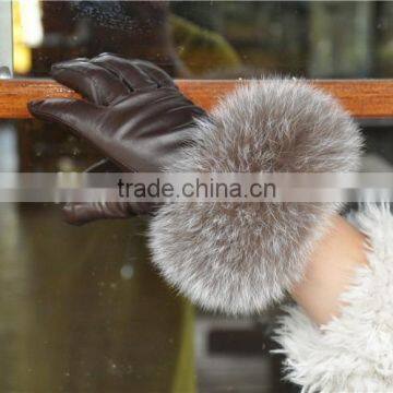 2016 Custom Unisex Sheepskin Goatskin Leather Fur Gloves With Fox Fur