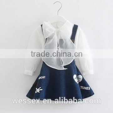 Hot sale bowknot chiffon shirt cartoon denim shoulder-straps two-piece dress