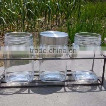 3 in 1 set glass storage jar with metal rack