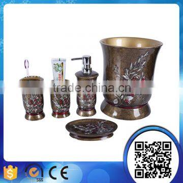 Hot sale classic resin bathroom fittings hotel gold with painting flowers bathroom accessories set                        
                                                                                Supplier's Choice