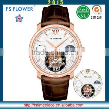 FS FLOWER - Luxury Watch Men Italy Leather Strap Sapphire Glass Moon Phase 24 Hours Real Flying Tourbillon Watch