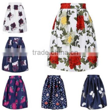 Fashion Stylish Women's European Retro Style Knee-Length Floral Bubble Puff Printed Pleated Skirt