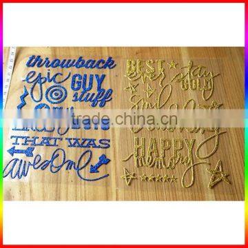 writting words gold and blue glitter powder sticker