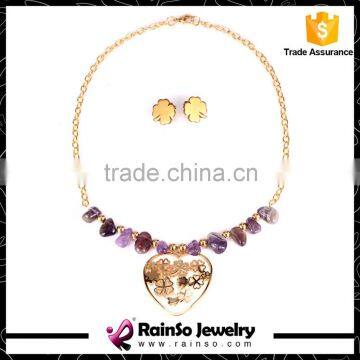 Amethyst Collar Necklace with Earring, Stainless Steel