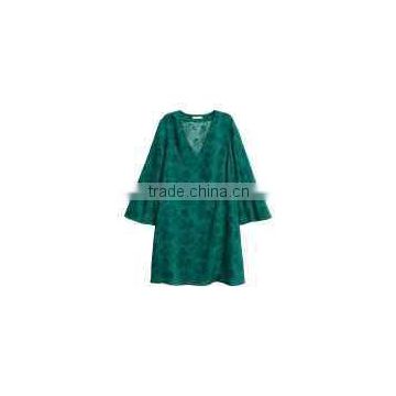 China Wholesale V neck bell sleeve dress, Green short one piece dress custom