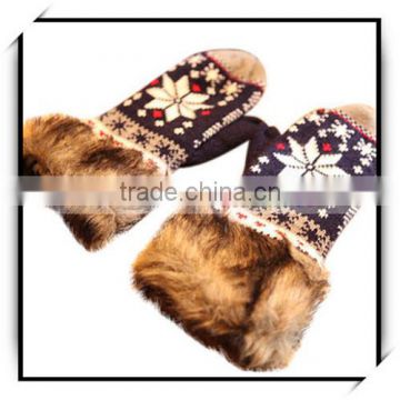 2014 Christmas Snow Pattern Fluffy Full Fingers Wholesale Winter Thermal Women Gloves Navy Blue