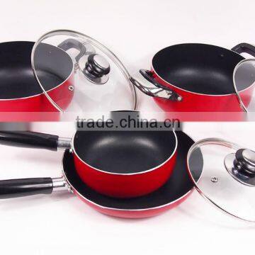 7Pcs Red Non-Stick Inner High Quality Aluminum Cookware Set With Glass Lids