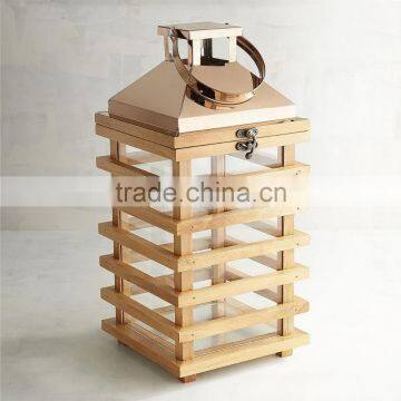 Wood Candle Lantern With Iron Top photo-2