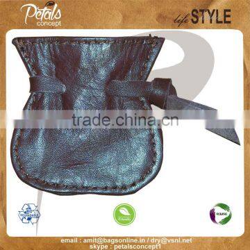 Genuine leather draw string bag with leather draw string closure