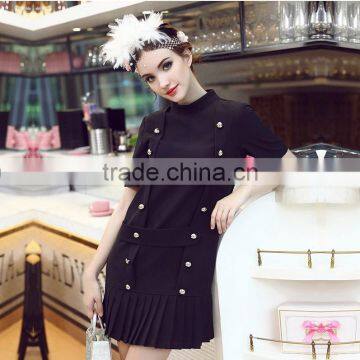 Black plain color stand collar short sleeve double breasted ruffle button casual dress women