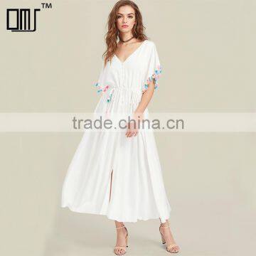 Designer tassel trim boho dress, women white deep V-neck maxi dress