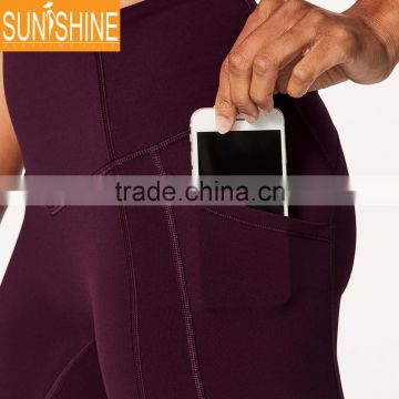 Top Quality Gym Leggings Burgundy Side Phone Holder Yoga Leggings With Custom Brand