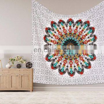 Indian Beautiful Wall Hanging Hippie Feather Mandala Tapestry Bohemian Bedspread Dorm Decor 95"X85" Inch