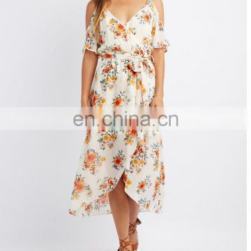 Fashion women dresses Waist self-tie Floral Surplice Cold Shoulder Maxi Dress