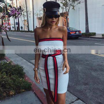 WISH Hot Sell Summer New Women's Off The Shoulder Contrast Waist Belt Backless Solid Party Wear Color Dress photo-2