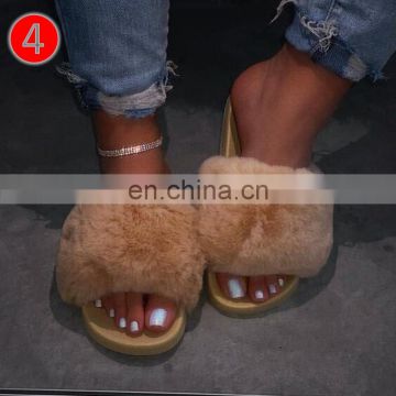 Hot selling custom RST women flat sandals pink fashion fur slides womens fur sandals