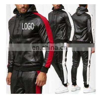 Customized brand Autumn And Winter New Sweatsuit Stitched Leather Jacket Tracksuits Slim Sports Jogger Men's plus Two Piece Set