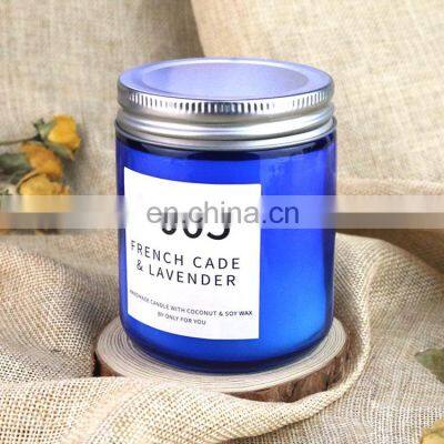 Lovingly made and hand poured with love with non-toxic dreamy notes blue glass candle jar with lid scents candle