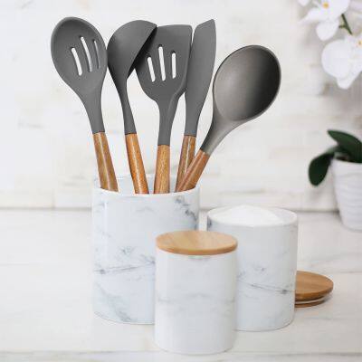 5 Pieces Silicone Cooking Utensils set Kitchen Gadgets Non Stick Silicone Kitchen Utensils Set with Wood Handle