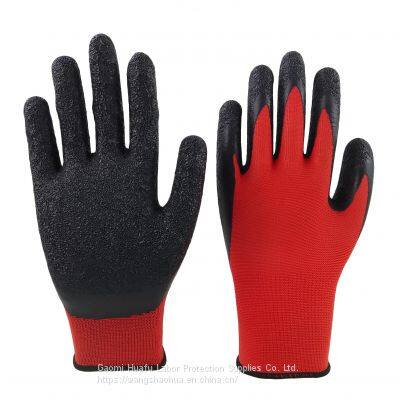 red polyester knitted wrinkled latex palm coated safety work gloves