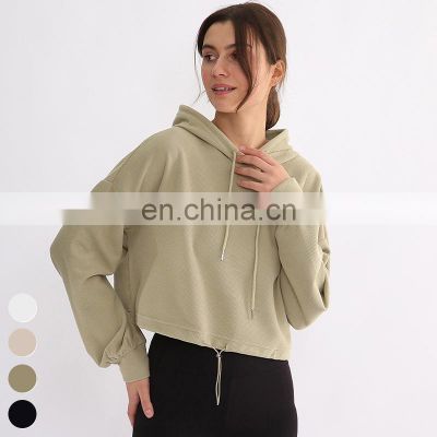 High Quality Outdoor Running Fitness Top Shoulder Drop Crop Top Long Sleeve Cotton Pullover Drawstring Hooded Sweatshirt Women