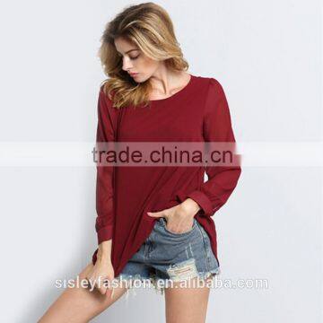 Woman T-shirts chiffon long Sleeve T-shirt Women Round Neck Casual Loose T-shirt TS086