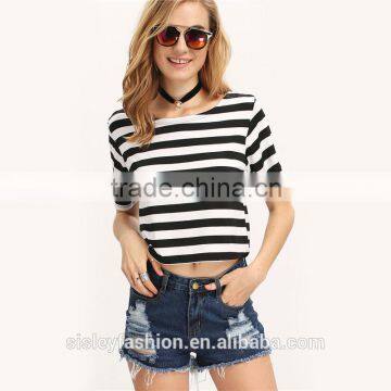 2016 Women Summer White Black Striped Open Back Crop Tops cotton round t shirt TS077