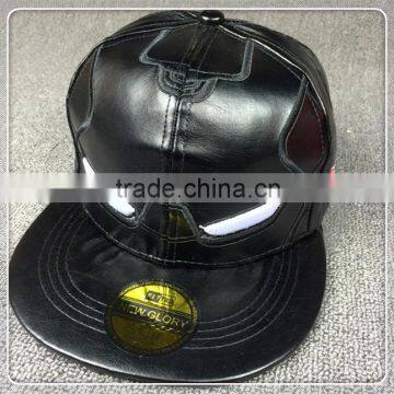 Wholesale Custom Black Leather Snapback Baseball Hat 6 Panel Leather Caps