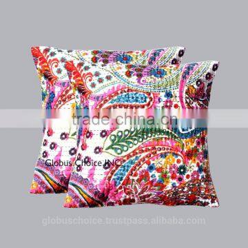 Indian Kantha work Pejli Floral Ethnic Throw Cushion Cover