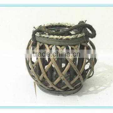 Hot Sale Willow Round Bowl Candle Stand/hurricane With Round Glass