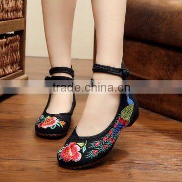 Spring Autumn Women Casual Cotton Linen Shoes Buckle Chinese Style Flower Embroidered Ladies Canvas Flats Oxford Sole No Logo