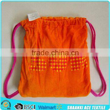 Customized China market velour printed orange color drawstring beach towel bag