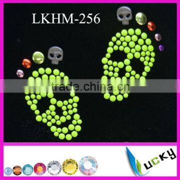 2014!!! NEWEST hot fix rhinestone motif skull pattern with neon nailhead heat transfer motif