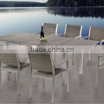 2015 European 8 Person Dining Plastic Wood Table and Rattan Chairs Outdoor Patio Resort Furniture