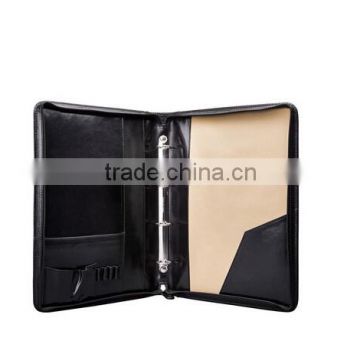 Boshiho ring-binder black crazy horse cowhide PU leather portfolio zipper