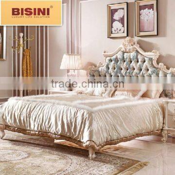 New Arrival European Hancarved Wooden Fabric Double Bed