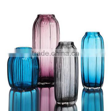 3 pieces of set colourful cylinder striped tall centerpiece glass flower vases with different design for home decoration