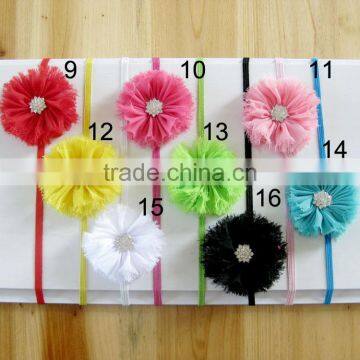 fraying chiffon flower headband with pearl rhinestone in center for kids hair accessories