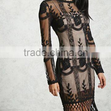 Latest Fashion Elegant Sexy floral and geo embroidery Black Embroidered & Fringe Dress