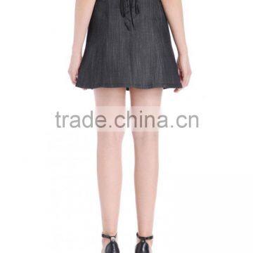 Latest Stretch Raw Black Denim High Waisted Flared Skirt a Line Short Skirts for Women photo-4