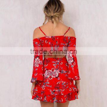 Front Tie Girls 2 Piece Crop Set Long Sleeve Floral Tops and Mini Skirts photo-5