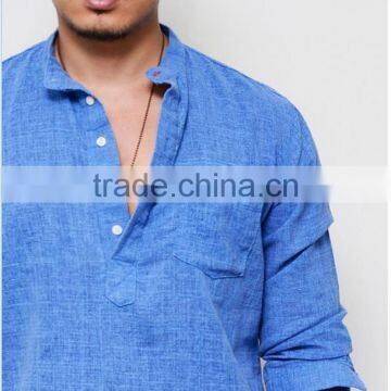 Men's Long Sleeve Blue Laid-back Holiday Linen Pull Over Henley Mandarine Shirt photo-5