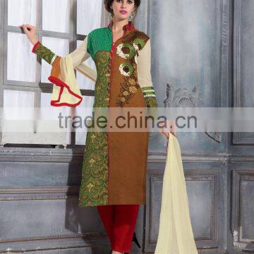Brown And Green Color With Embroidery Work Blooming Grace Designer Semi Stitch Salwa Kameez