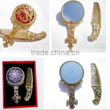 Antique Imitation Cosmetic Metal Pocket Mirror With Hair Comb,Handle Mirror/Hand Held Makeup Mirror/Round Fashion Mirror photo-4