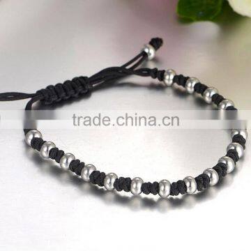 New Stainless Steel Polished Round Bead Black Cord Knit Bracelet