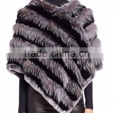 YR957 Latest 2017 Collarless Hand Knitted rabbit fur poncho with fox fur insets Asymmetrical hem Fox Fur Poncho