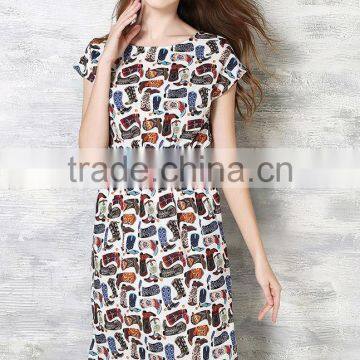 Wholesale Women Short Sleeve Digital Printed Elegant Slim Midi Dress Ladies Casual Chiffon Dresses photo-2