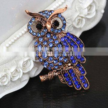 New style Blue rhinestone wholesale metal antique copper owl brooch