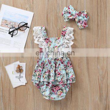 Bright floral printing pattern lace sleeve romper Jumpsuit with headband beautiful Girls Daily Wear romper wholesale price